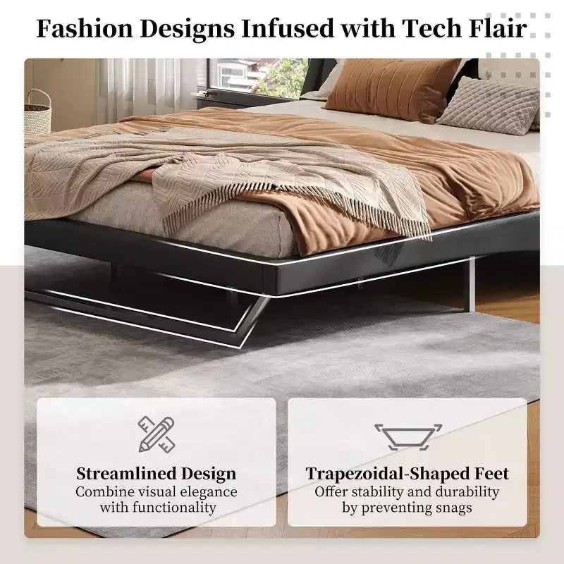 Cadre de lit plateforme moderne King Size Whisen, lit rembourré en cuir PU avec design incurvé, pieds trapézoïdaux suspendus