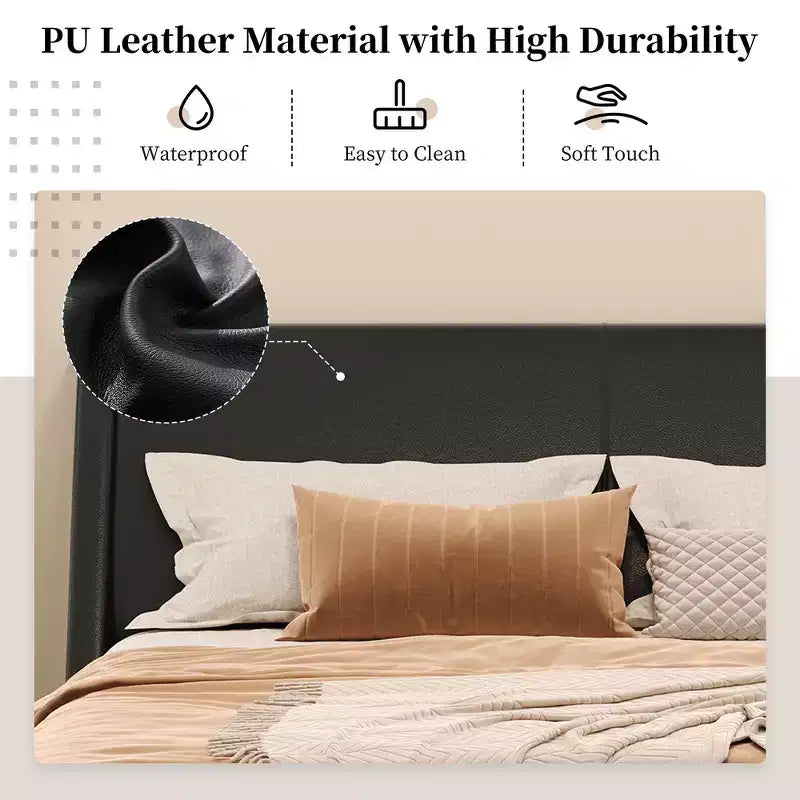 Cadre de lit plateforme moderne King Size Whisen, lit rembourré en cuir PU avec design incurvé, pieds trapézoïdaux suspendus