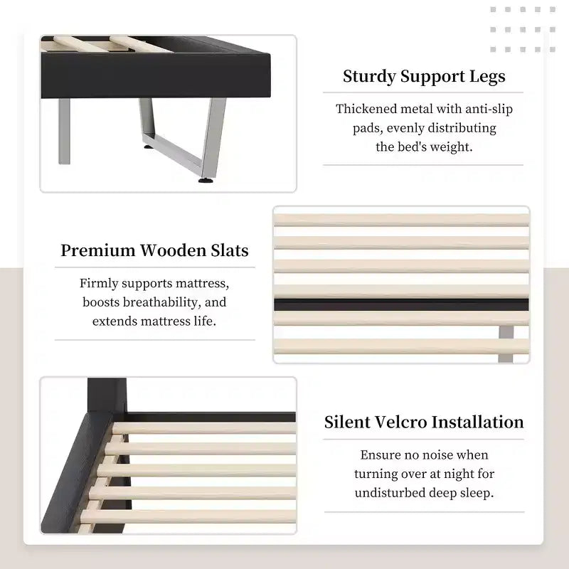 Cadre de lit plateforme moderne King Size Whisen, lit rembourré en cuir PU avec design incurvé, pieds trapézoïdaux suspendus