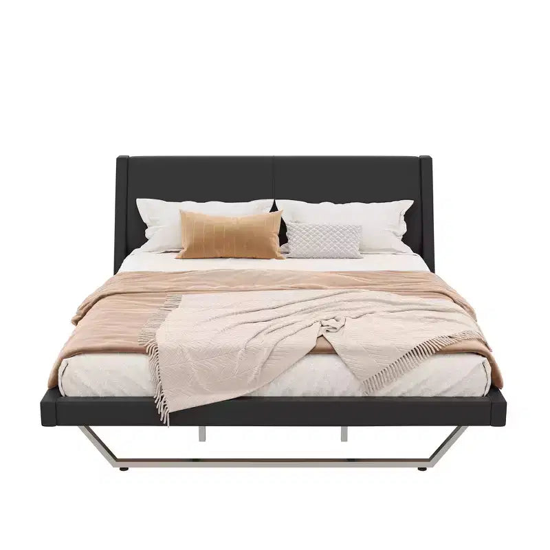 Cadre de lit plateforme moderne King Size Whisen, lit rembourré en cuir PU avec design incurvé, pieds trapézoïdaux suspendus