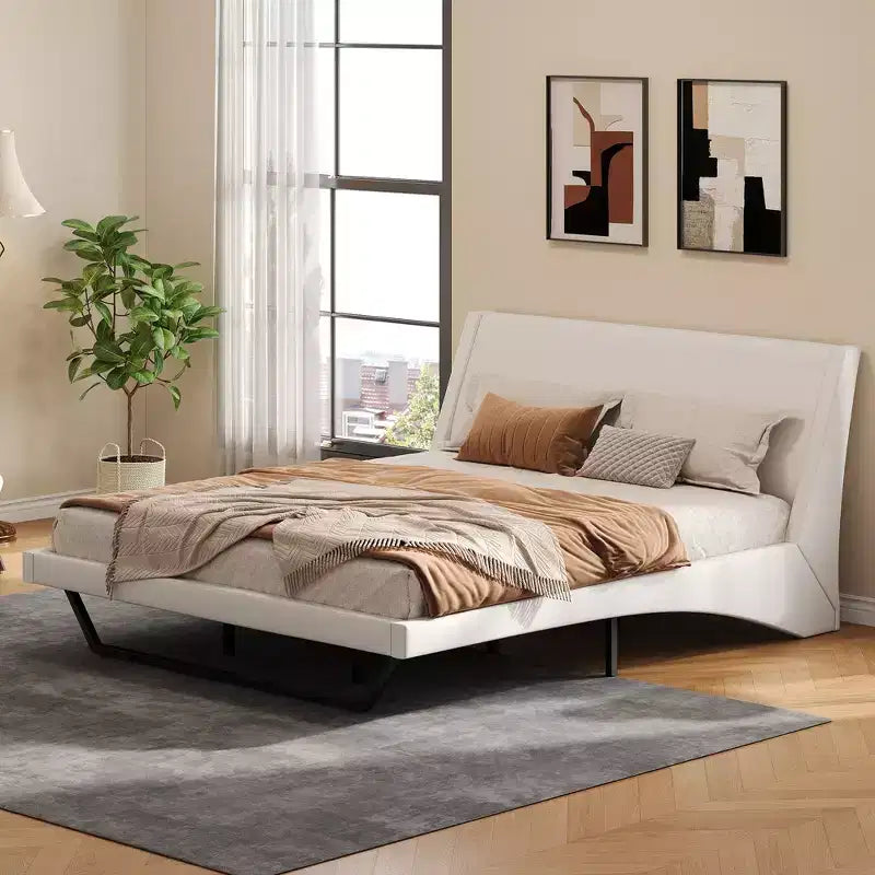 Cadre de lit plateforme moderne King Size Whisen, lit rembourré en cuir PU avec design incurvé, pieds trapézoïdaux suspendus