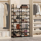 8-Tier Shoe Rack  Metal Frame w/Fabric Shelves, 34.2 Wide Black Organizer Holding 32 Pairs, Adjustable Space Saver For Entryway Closet