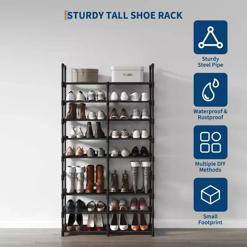 Étagère à chaussures 8 niveaux - Cadre en métal avec étagères en tissu, 86,9 cm de large, organiseur noir pouvant contenir 32 paires, économiseur d'espace réglable pour entrée ou placard