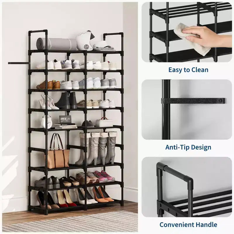 Étagère à chaussures 8 niveaux - Cadre en métal avec étagères en tissu, 86,9 cm de large, organiseur noir pouvant contenir 32 paires, économiseur d'espace réglable pour entrée ou placard