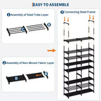 Étagère à chaussures 8 niveaux - Cadre en métal avec étagères en tissu, 86,9 cm de large, organiseur noir pouvant contenir 32 paires, économiseur d'espace réglable pour entrée ou placard