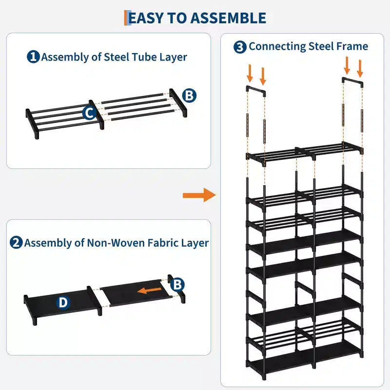 Étagère à chaussures 8 niveaux - Cadre en métal avec étagères en tissu, 86,9 cm de large, organiseur noir pouvant contenir 32 paires, économiseur d'espace réglable pour entrée ou placard