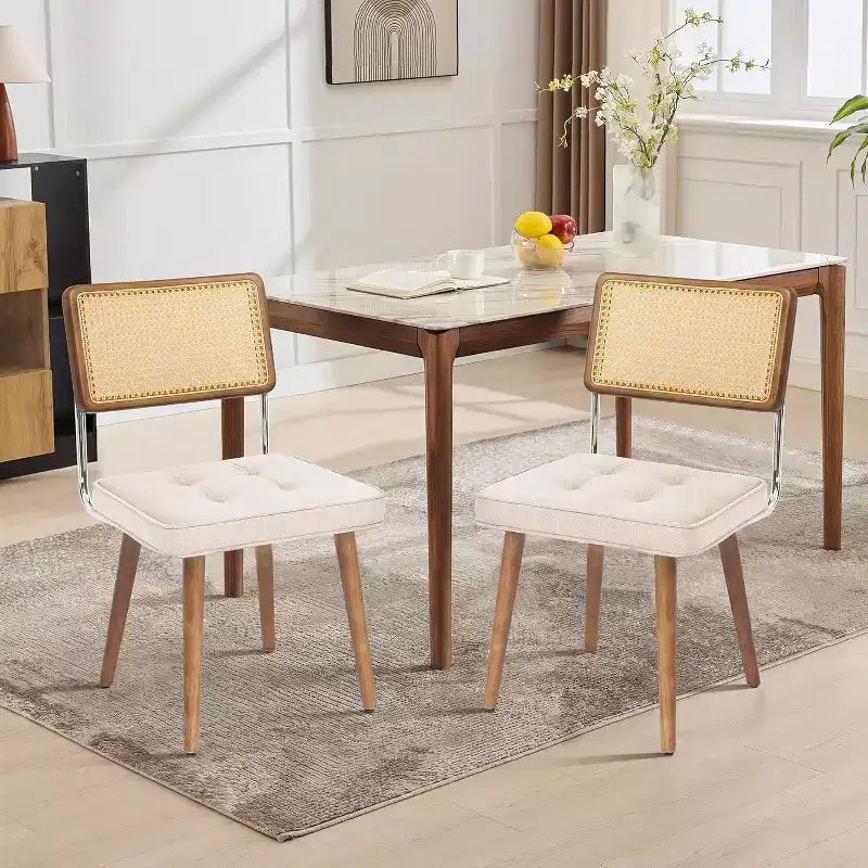Set of 2 Natural Rattan Dining Chairs  Linen Upholstered with Tall Cane Back & Wood Legs for Dining/Kitchen, Beige.