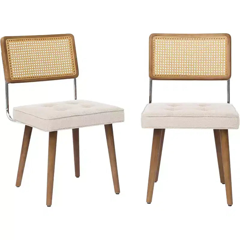 Lot de 2 Chaises de Salle à Manger en Rotin Naturel Rembourrées en Lin avec Dossier Haut en Cannage et Pieds en Bois pour Salle à Manger/Cuisine, Beige.
