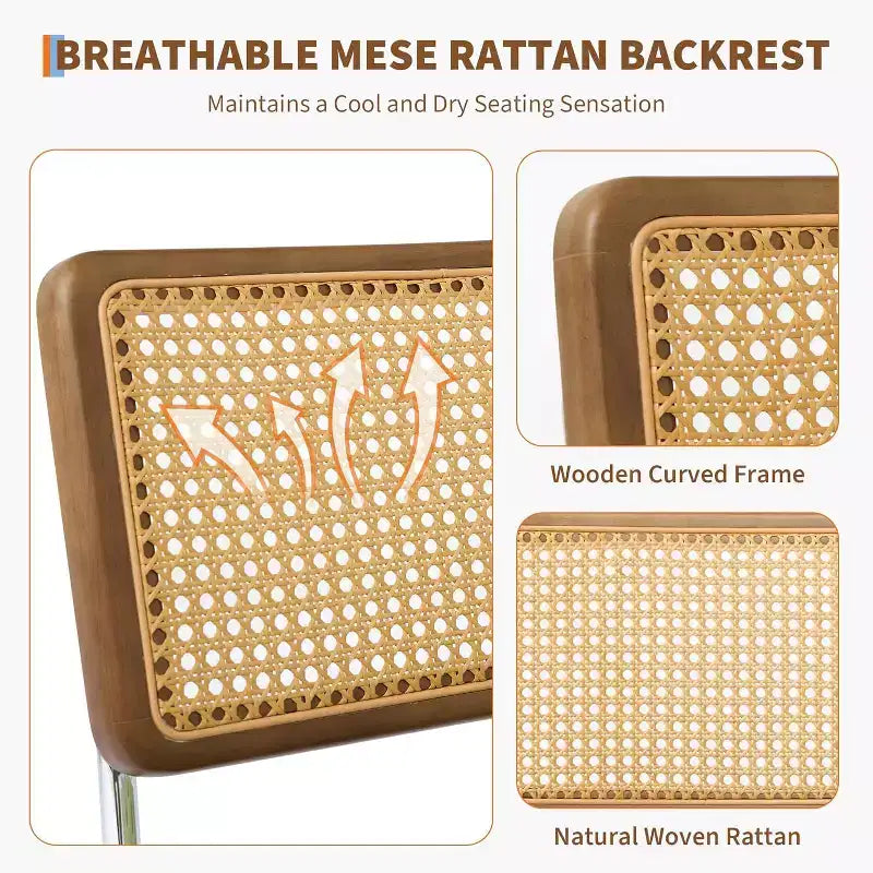 Lot de 2 Chaises de Salle à Manger en Rotin Naturel Rembourrées en Lin avec Dossier Haut en Cannage et Pieds en Bois pour Salle à Manger/Cuisine, Beige.