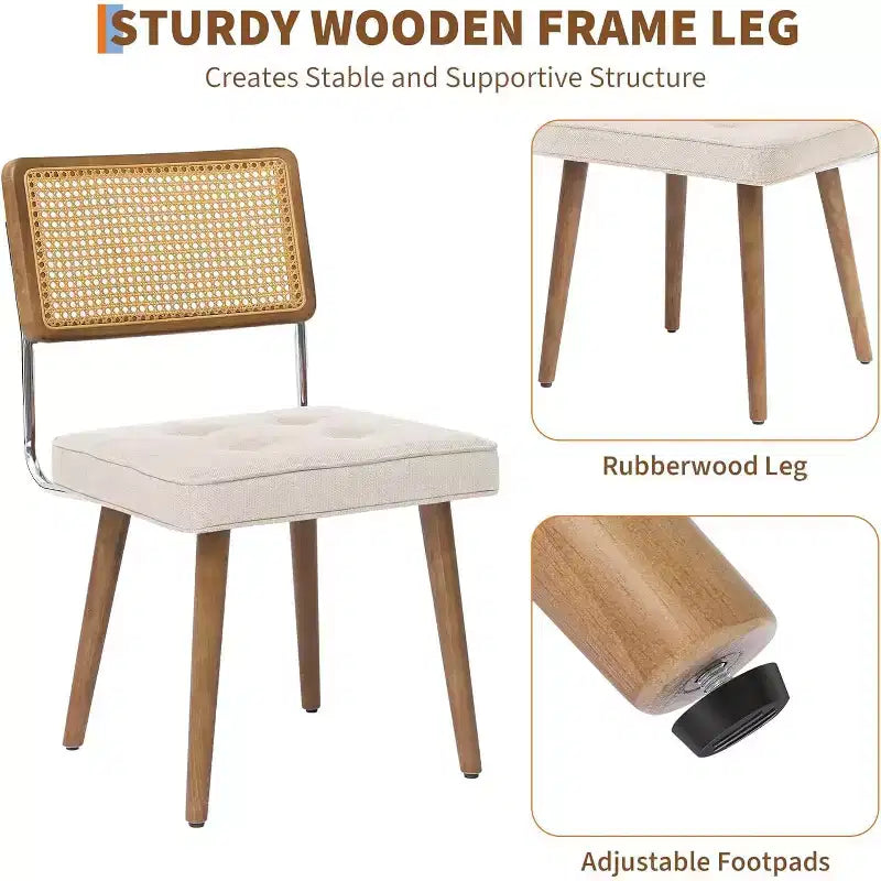 Lot de 2 Chaises de Salle à Manger en Rotin Naturel Rembourrées en Lin avec Dossier Haut en Cannage et Pieds en Bois pour Salle à Manger/Cuisine, Beige.