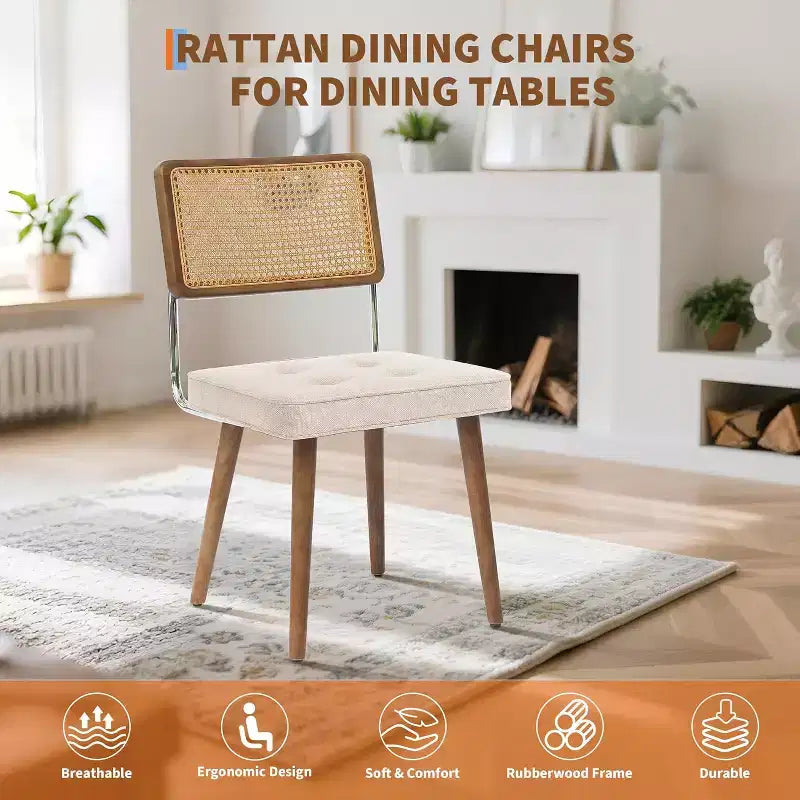 Lot de 2 Chaises de Salle à Manger en Rotin Naturel Rembourrées en Lin avec Dossier Haut en Cannage et Pieds en Bois pour Salle à Manger/Cuisine, Beige.