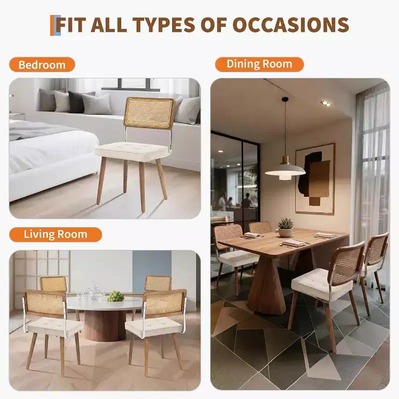 Lot de 2 Chaises de Salle à Manger en Rotin Naturel Rembourrées en Lin avec Dossier Haut en Cannage et Pieds en Bois pour Salle à Manger/Cuisine, Beige.