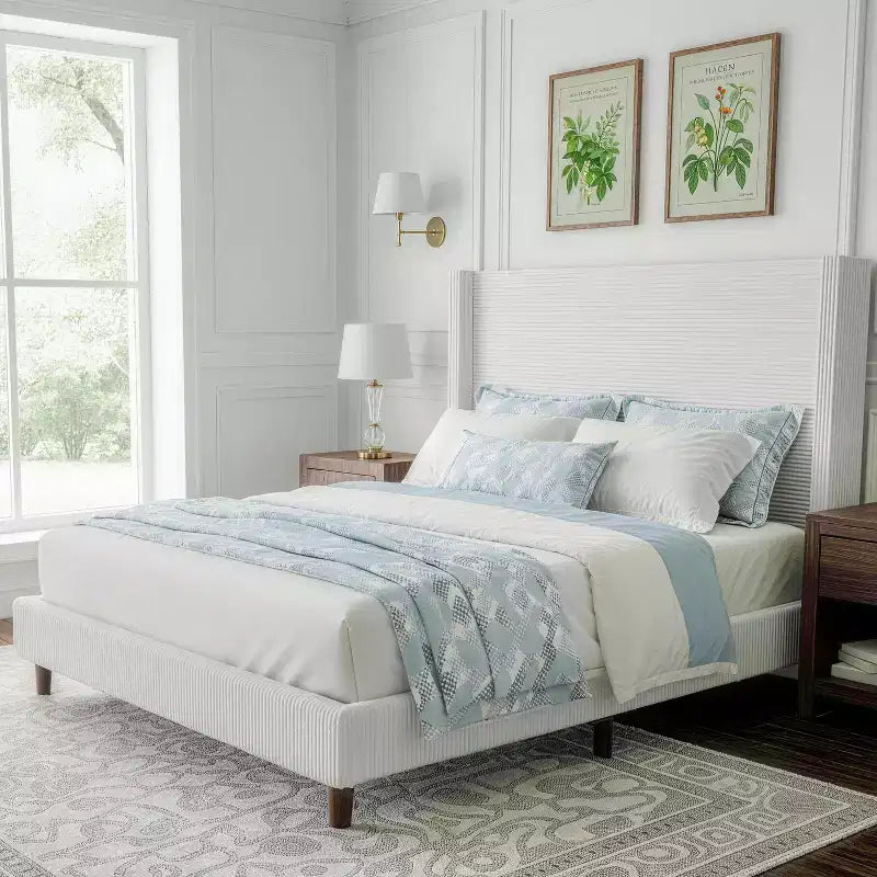 Dyonery Queen Bed Frame with 56 Tall Corduroy Headboard,Upholstered Bed Frames with Wingback Thicker Wood,No Box Spring Needed,Easy Assembly