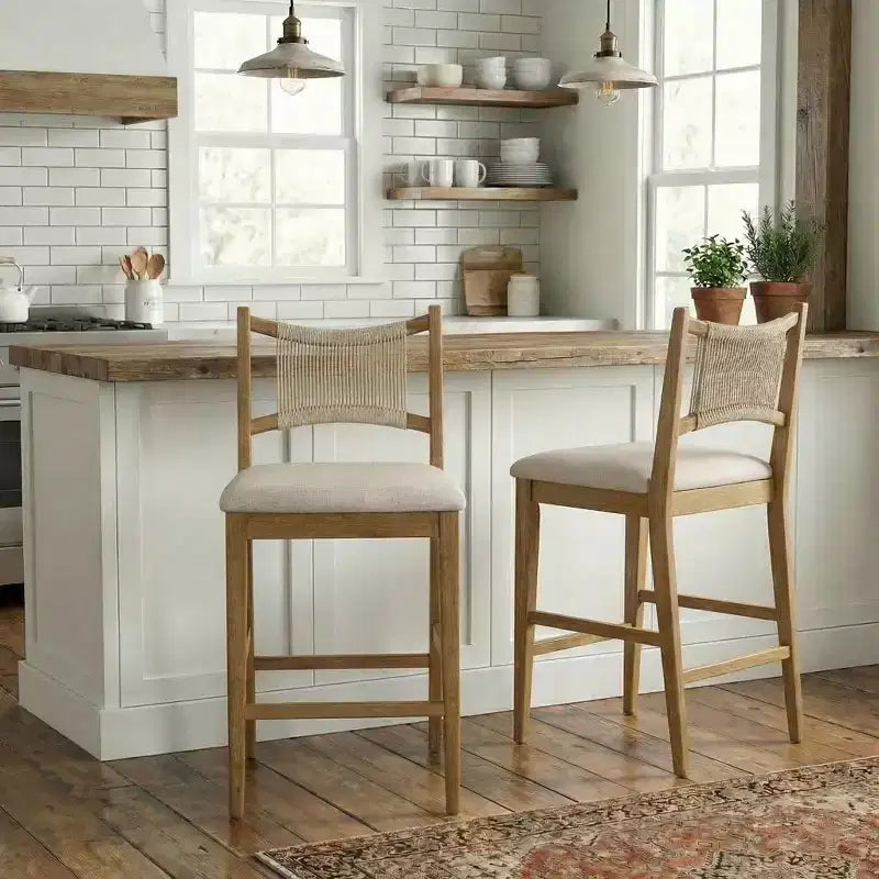 ModernLuxe Wooden Counter Stools, Upholstered Dining Stools with Woven Rope Backrest - Set of 2/4