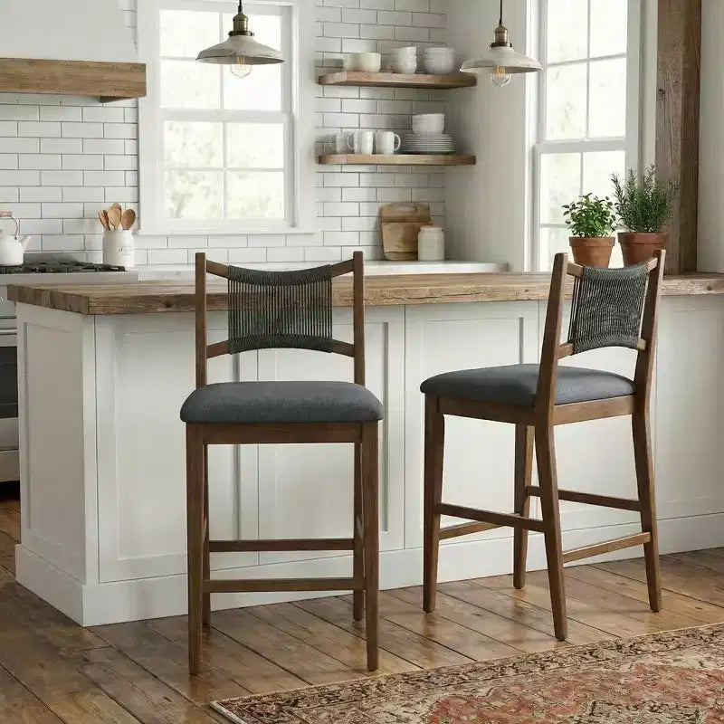 Tabourets de bar en bois ModernLuxe, tabourets de salle à manger rembourrés avec dossier en corde tressée - Lot de 2/4