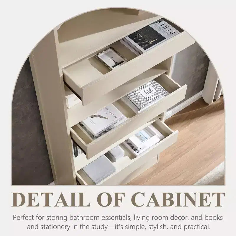 Bibliothèque arquée de 76 po avec tiroir inférieur à verrou magnétique, étagère moderne en bois à 4 niveaux avec 3 tiroirs cachés pour bureau à domicile, salon
