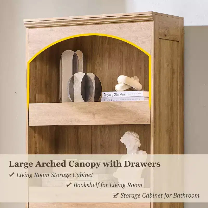 Bibliothèque arquée de 76 po avec tiroir inférieur à verrou magnétique, étagère moderne en bois à 4 niveaux avec 3 tiroirs cachés pour bureau à domicile, salon
