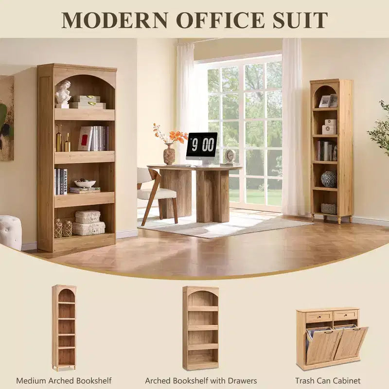 Bibliothèque arquée de 76 po avec tiroir inférieur à verrou magnétique, étagère moderne en bois à 4 niveaux avec 3 tiroirs cachés pour bureau à domicile, salon