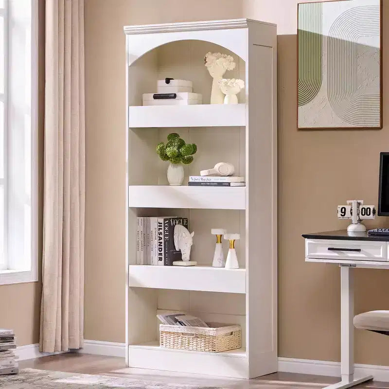 Bibliothèque arquée de 76 po avec tiroir inférieur à verrou magnétique, étagère moderne en bois à 4 niveaux avec 3 tiroirs cachés pour bureau à domicile, salon