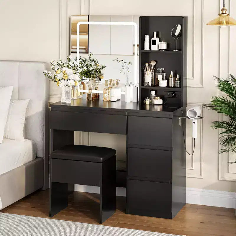 Coiffeuse moderne avec miroir et éclairage LED, 4 tiroirs de rangement, tabouret, étagères, support pour sèche-cheveux, table de maquillage pour chambre, noir