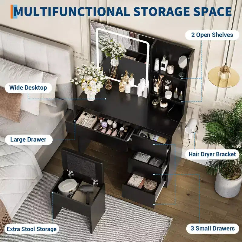 Coiffeuse moderne avec miroir et éclairage LED, 4 tiroirs de rangement, tabouret, étagères, support pour sèche-cheveux, table de maquillage pour chambre, noir