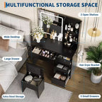 Coiffeuse moderne avec miroir et éclairage LED, 4 tiroirs de rangement, tabouret, étagères, support pour sèche-cheveux, table de maquillage pour chambre, noir