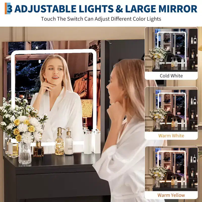 Coiffeuse moderne avec miroir et éclairage LED, 4 tiroirs de rangement, tabouret, étagères, support pour sèche-cheveux, table de maquillage pour chambre, noir