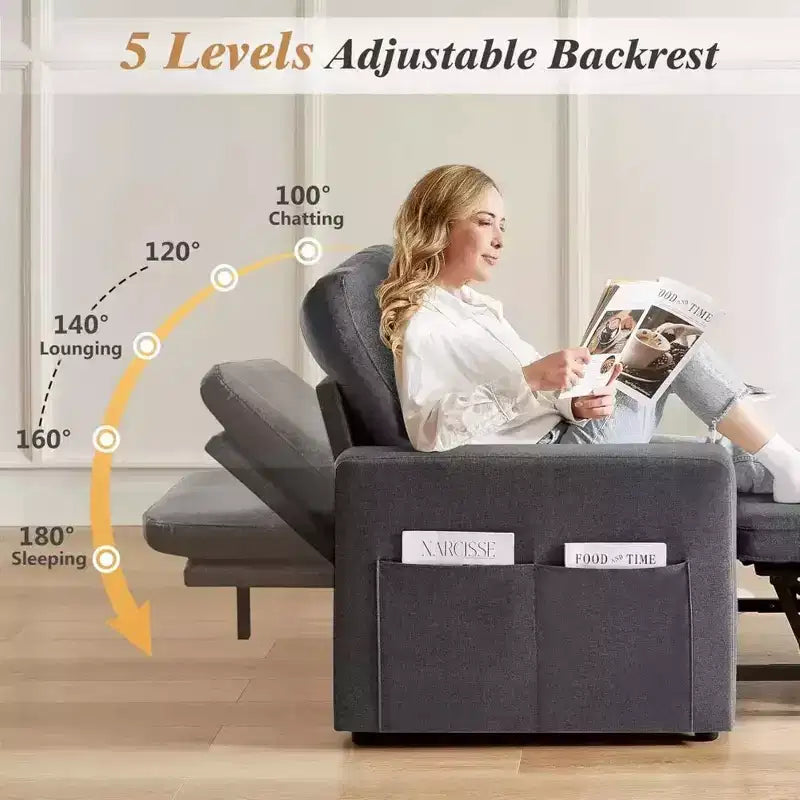 Fauteuil-lit convertible 3-en-1 extra-large Dyonery 42.5 avec canapé-lit escamotable, dossier inclinable à 5 niveaux et poches latérales pour petits espaces