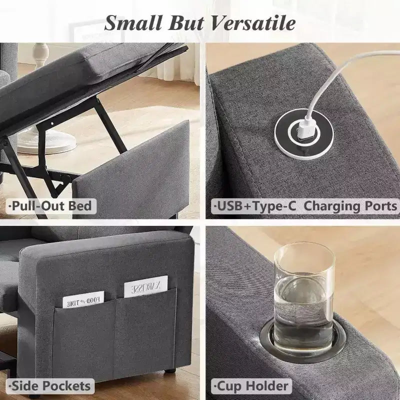 Fauteuil-lit convertible 3-en-1 extra-large Dyonery 42.5 avec canapé-lit escamotable, dossier inclinable à 5 niveaux et poches latérales pour petits espaces