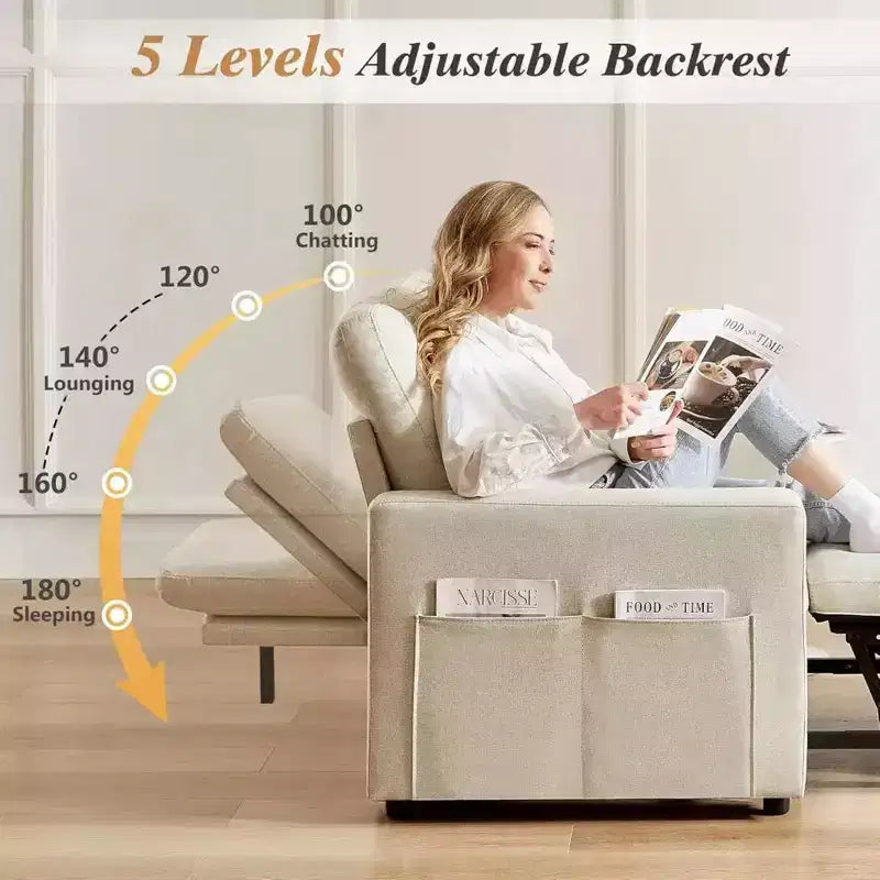 Fauteuil-lit convertible 3-en-1 extra-large Dyonery 42.5 avec canapé-lit escamotable, dossier inclinable à 5 niveaux et poches latérales pour petits espaces