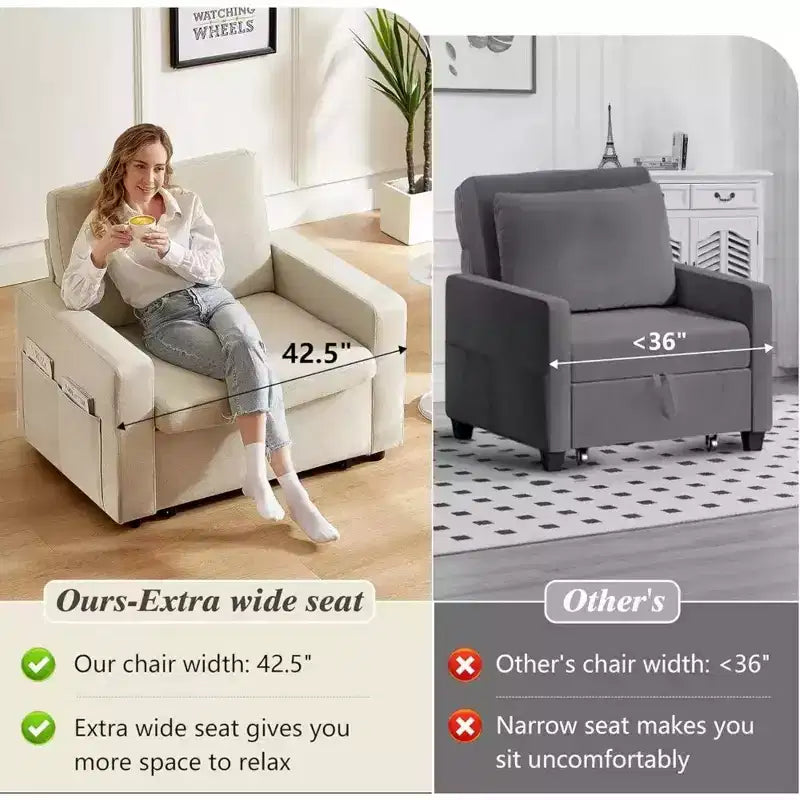 Fauteuil-lit convertible 3-en-1 extra-large Dyonery 42.5 avec canapé-lit escamotable, dossier inclinable à 5 niveaux et poches latérales pour petits espaces