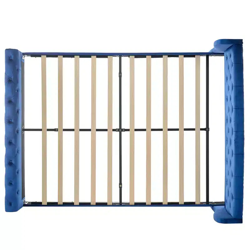 Whisen 43.3 Lit traîneau queen avec tête de lit capitonnée à oreilles, pied de lit à volutes, velours capitonné, quincaillerie résistante à la rouille. Support robuste