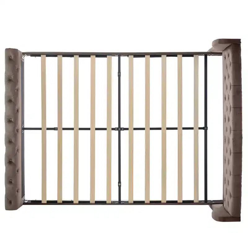 Whisen 43.3 Lit traîneau queen avec tête de lit capitonnée à oreilles, pied de lit à volutes, velours capitonné, quincaillerie résistante à la rouille. Support robuste