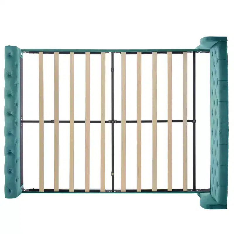 Whisen 43.3 Lit traîneau queen avec tête de lit capitonnée à oreilles, pied de lit à volutes, velours capitonné, quincaillerie résistante à la rouille. Support robuste