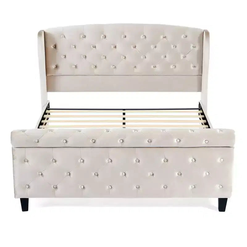 Whisen 43.3 Lit traîneau queen avec tête de lit capitonnée à oreilles, pied de lit à volutes, velours capitonné, quincaillerie résistante à la rouille. Support robuste