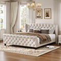 Whisen 43.3Queen Sleigh Bed Frame with Wingback Headboard, Scroll Footboard, Button Tufted Velvet, Rust-Resistant Hardware. Sturdy Support