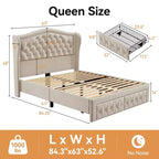 Dyonery Lit Queen Size, Cadre de Lit Plateforme Rembourré en Velours avec 2 Tiroirs de Rangement, Tête de Lit Capitonnée Verticale et Ailée de 133,6 cm de Hauteur