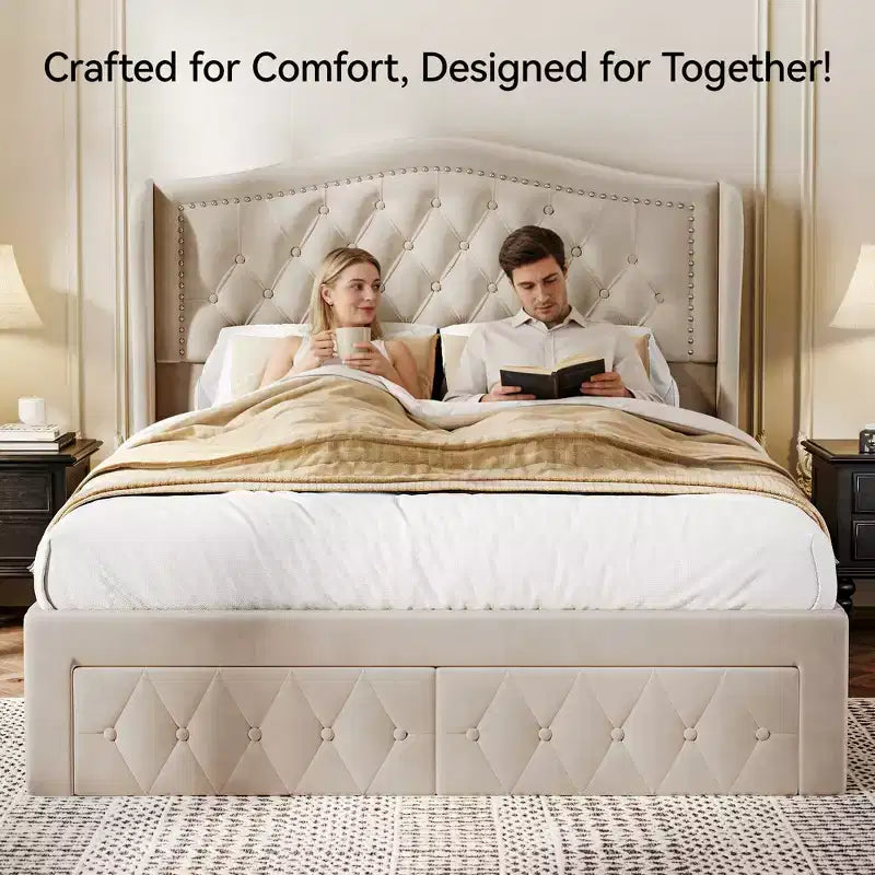 Dyonery Lit Queen Size, Cadre de Lit Plateforme Rembourré en Velours avec 2 Tiroirs de Rangement, Tête de Lit Capitonnée Verticale et Ailée de 133,6 cm de Hauteur