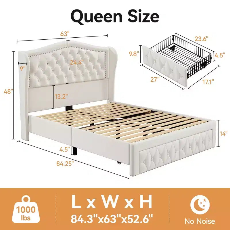 Dyonery Lit Queen Size, Cadre de Lit Plateforme Rembourré en Velours avec 2 Tiroirs de Rangement, Tête de Lit Capitonnée Verticale et Ailée de 133,6 cm de Hauteur