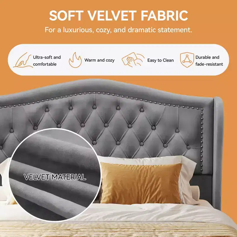 Dyonery Lit Queen Size, Cadre de Lit Plateforme Rembourré en Velours avec 2 Tiroirs de Rangement, Tête de Lit Capitonnée Verticale et Ailée de 133,6 cm de Hauteur