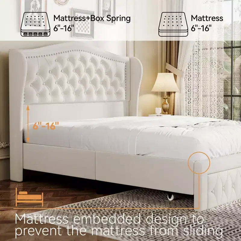 Dyonery Lit Queen Size, Cadre de Lit Plateforme Rembourré en Velours avec 2 Tiroirs de Rangement, Tête de Lit Capitonnée Verticale et Ailée de 133,6 cm de Hauteur