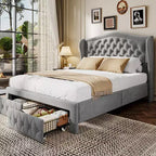 Dyonery Lit Queen Size, Cadre de Lit Plateforme Rembourré en Velours avec 2 Tiroirs de Rangement, Tête de Lit Capitonnée Verticale et Ailée de 133,6 cm de Hauteur