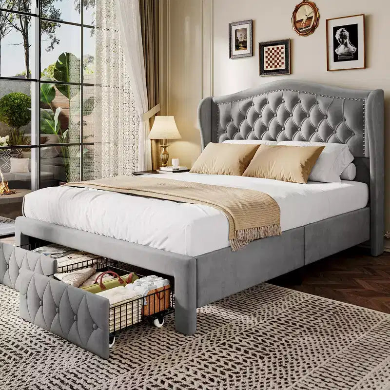 Dyonery Lit Queen Size, Cadre de Lit Plateforme Rembourré en Velours avec 2 Tiroirs de Rangement, Tête de Lit Capitonnée Verticale et Ailée de 133,6 cm de Hauteur