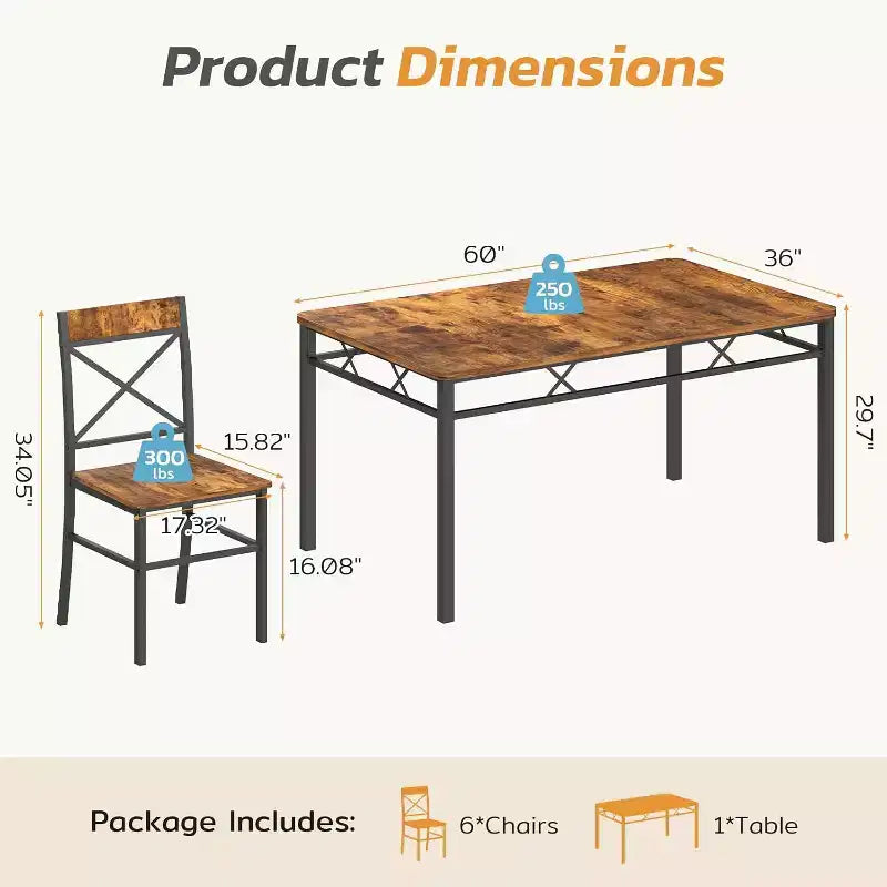 Zevemomo Ensemble table et chaises de salle à manger 7 pièces, ensemble de table de cuisine et 6 chaises avec dossier incurvé pour cuisine et salon, style ferme, marron