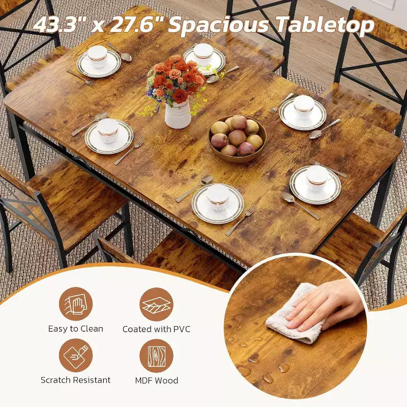 Zevemomo Ensemble table et chaises de salle à manger 7 pièces, ensemble de table de cuisine et 6 chaises avec dossier incurvé pour cuisine et salon, style ferme, marron