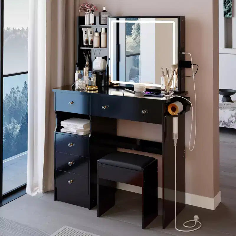37-Inch Luxury Makeup Vanity Desk with Sliding LED Mirror, Organized Storage, Built-In Power Hub, Hair Dryer Stand, and Matching Stool for Bedroom