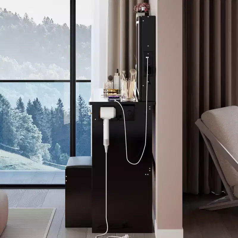 Coiffeuse de luxe de 37 pouces avec miroir LED coulissant, rangement organisé, hub d'alimentation intégré, support pour sèche-cheveux et tabouret assorti pour chambre à coucher