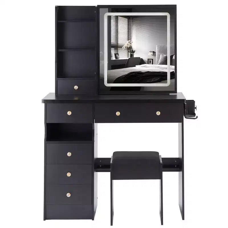 Coiffeuse de luxe de 37 pouces avec miroir LED coulissant, rangement organisé, hub d'alimentation intégré, support pour sèche-cheveux et tabouret assorti pour chambre à coucher