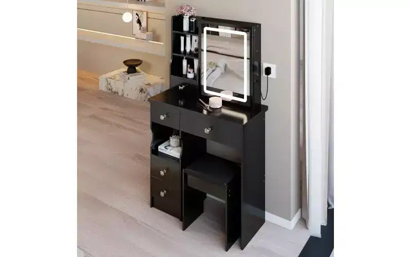 Coiffeuse de maquillage naturelle de 29,2 pouces avec miroir LED, rangement organisé, support pour sèche-cheveux et tabouret assorti pour petits espaces