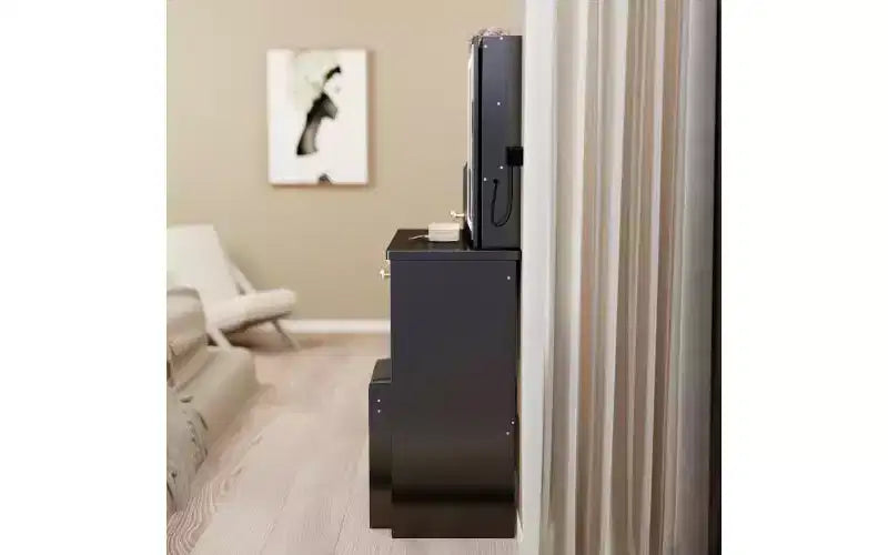 Coiffeuse de maquillage naturelle de 29,2 pouces avec miroir LED, rangement organisé, support pour sèche-cheveux et tabouret assorti pour petits espaces